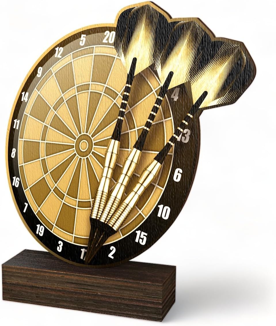 Trophy Monster Trofeo de dardos de madera clásica Sierra de oro antiguo, hecho de madera contrachapada de abedul impresa sostenible de 8 mm de grosor, tamaño (175 mm)