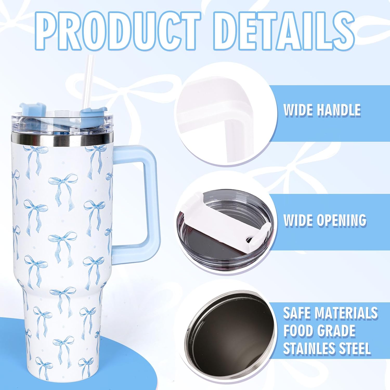 Whaline 40 Oz Blue Bow Tumbler with Handle Straw and Lid Bow-Knot Travel Coffee Tumbler Cup for Women Friend Holiday Birthday - Image 3