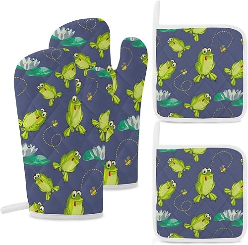 Miniatura 1 de Frog in Lotus Pond Oven Mitts and Pot Holders Sets of 4 Heat Resistant Kitchen Potholder Gloves for Cooking Baking