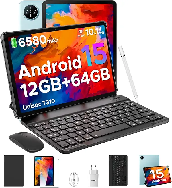 DOOGEE Tab A9 Tablet 10 Zoll Android 15, Tablet mit Tastatur/Stift/Maus/Hülle, 12GB RAM+64GB ROM(TF 2TB), 6580mAh, Unisoc T310, Dual Speaker, 5G WiFi, HD IPS Display, 8MP, GMS, BT5.0, 3.5mm, Face ID