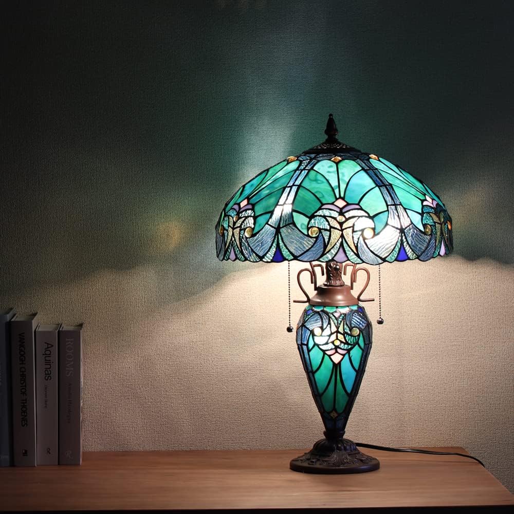 Tор Brаndѕ Cotoss Tiffany Table Lamp Night Light 16 Wide Handmade Stained Glass Lamp Shade 3 Light Sea Green Victorian Style Vintage Table Lamp for Home and Office
