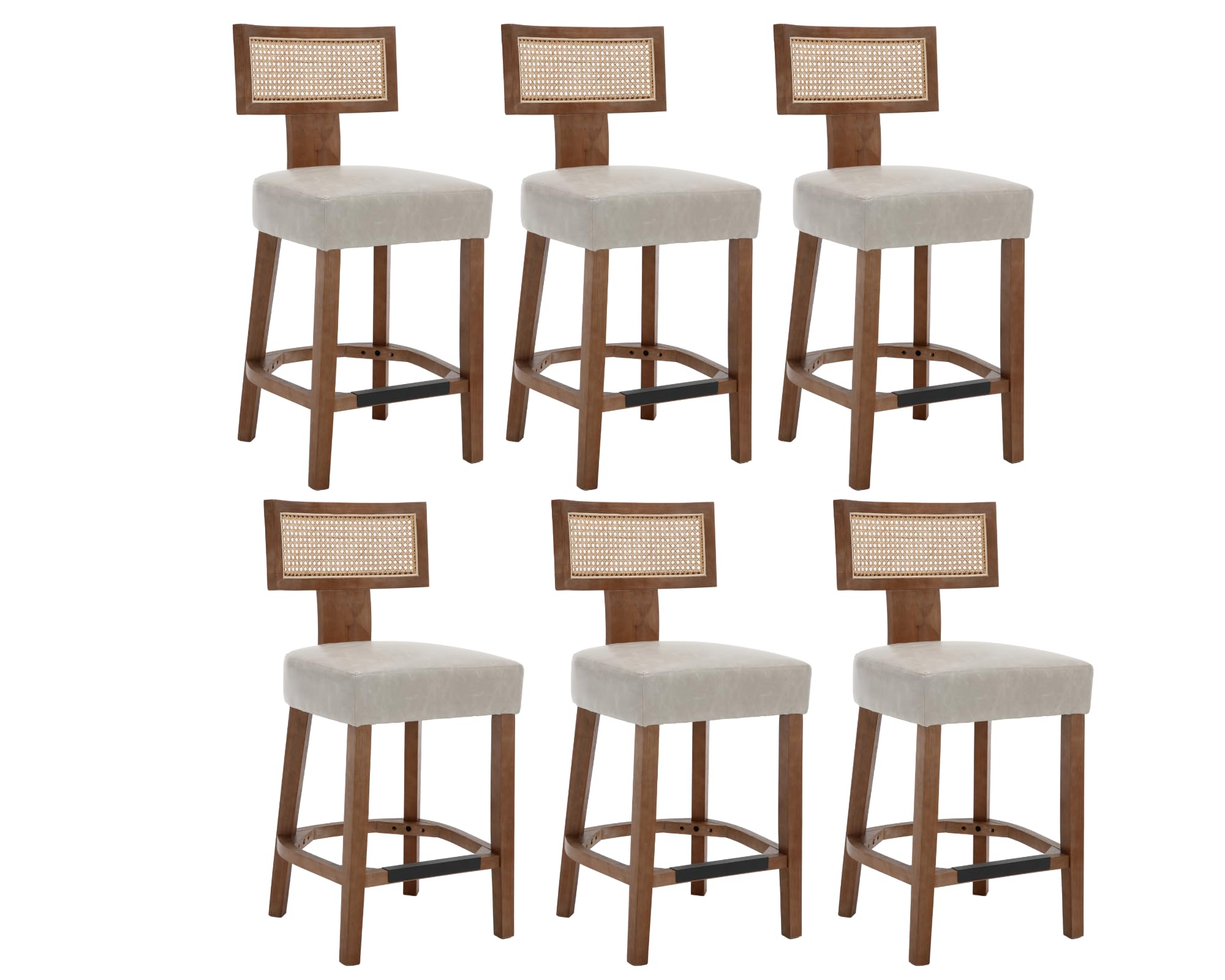 VESCASA Counter Height Barstools with Natural Wood Legs, 26.5" H Faux Leather Upholstered Counter Stool Chairs with Rattan Back Footrests for Kitchen