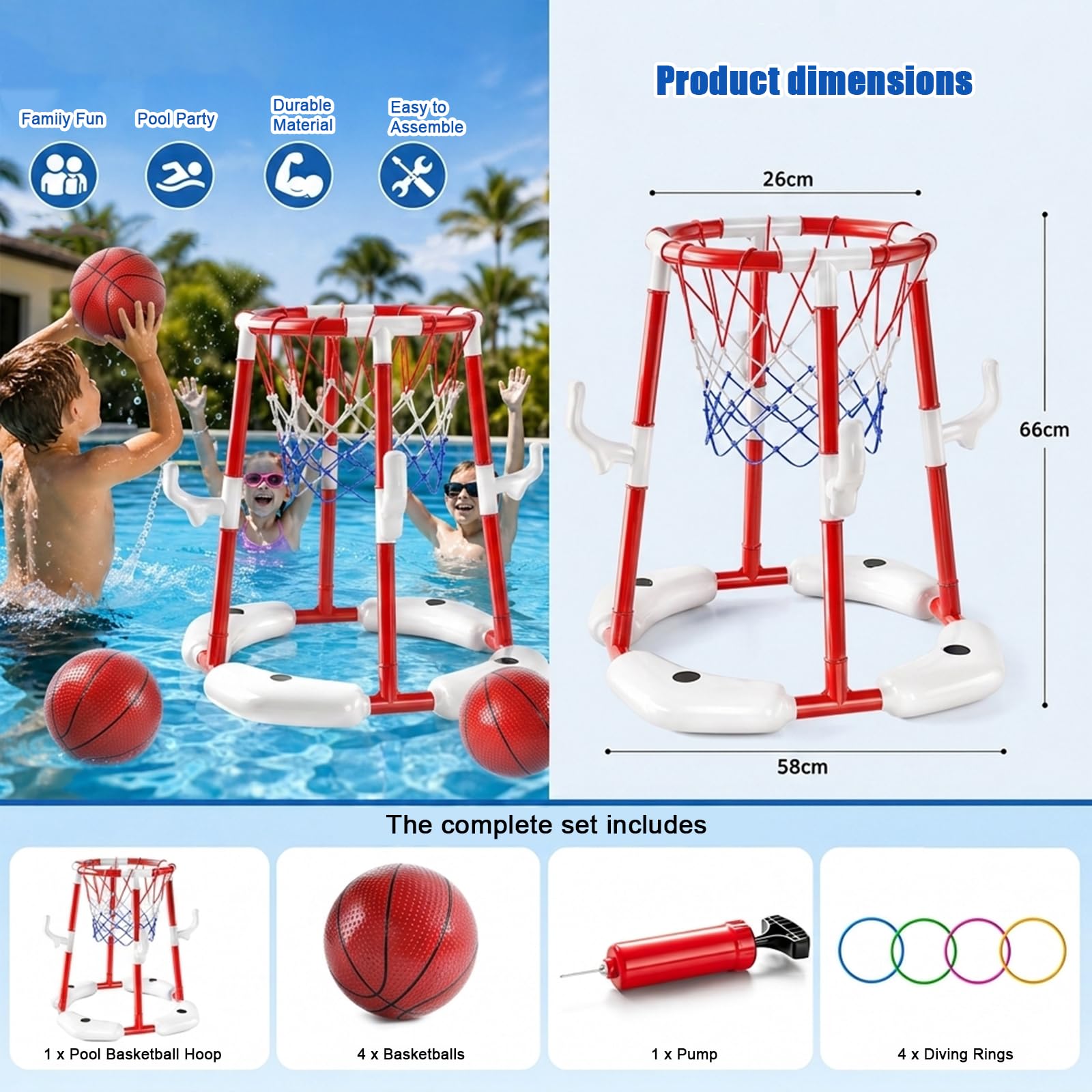 Aufblasbarer Basketballkorb für den Pool mit 4 Bällen, Pumpe und Aufklebern