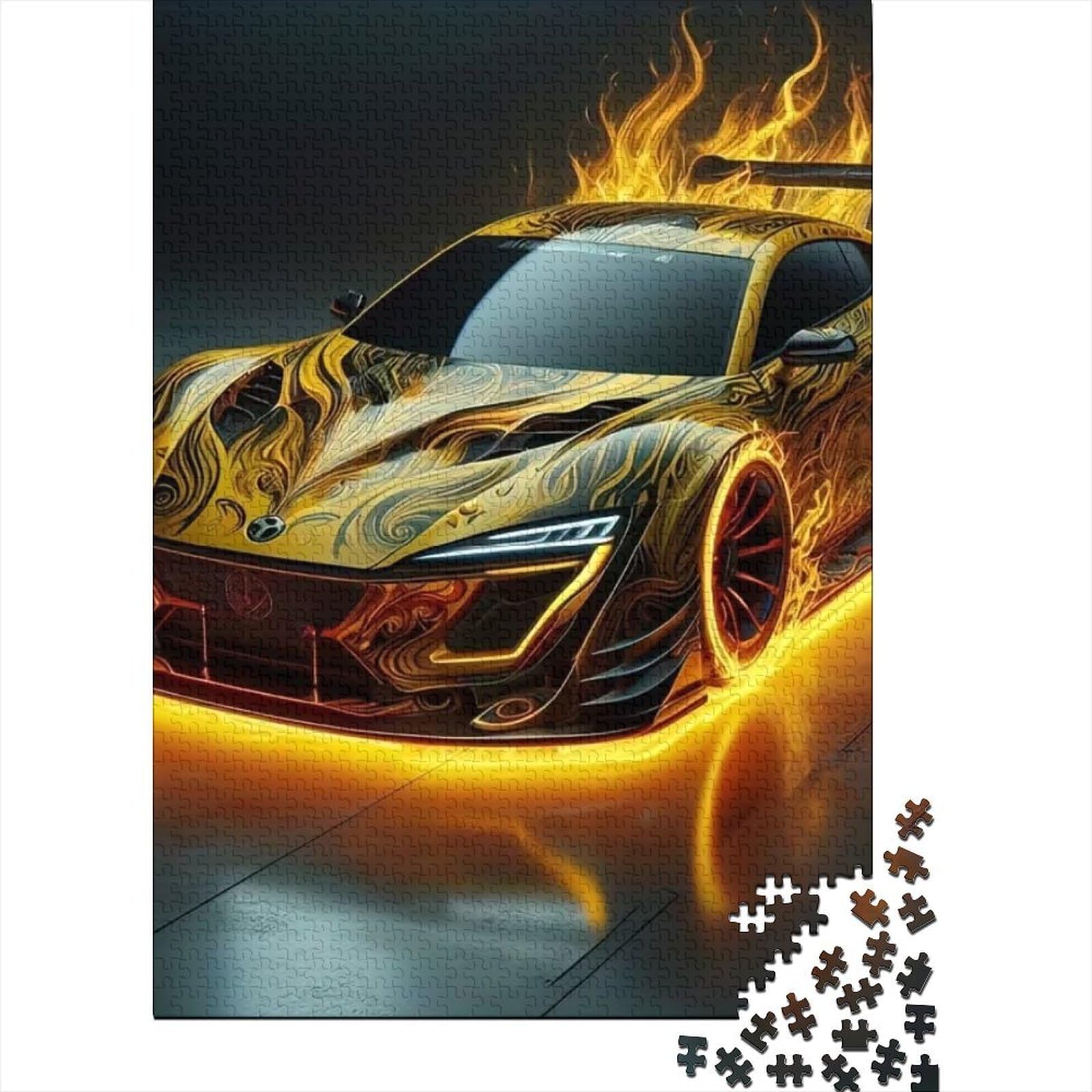 Racing Car 1000 Pc Sturdy Paper Board Gold Flame Car Puzzle Parent-Child Families Home Leisure Unique Artwork 52x38cm/1000pcs