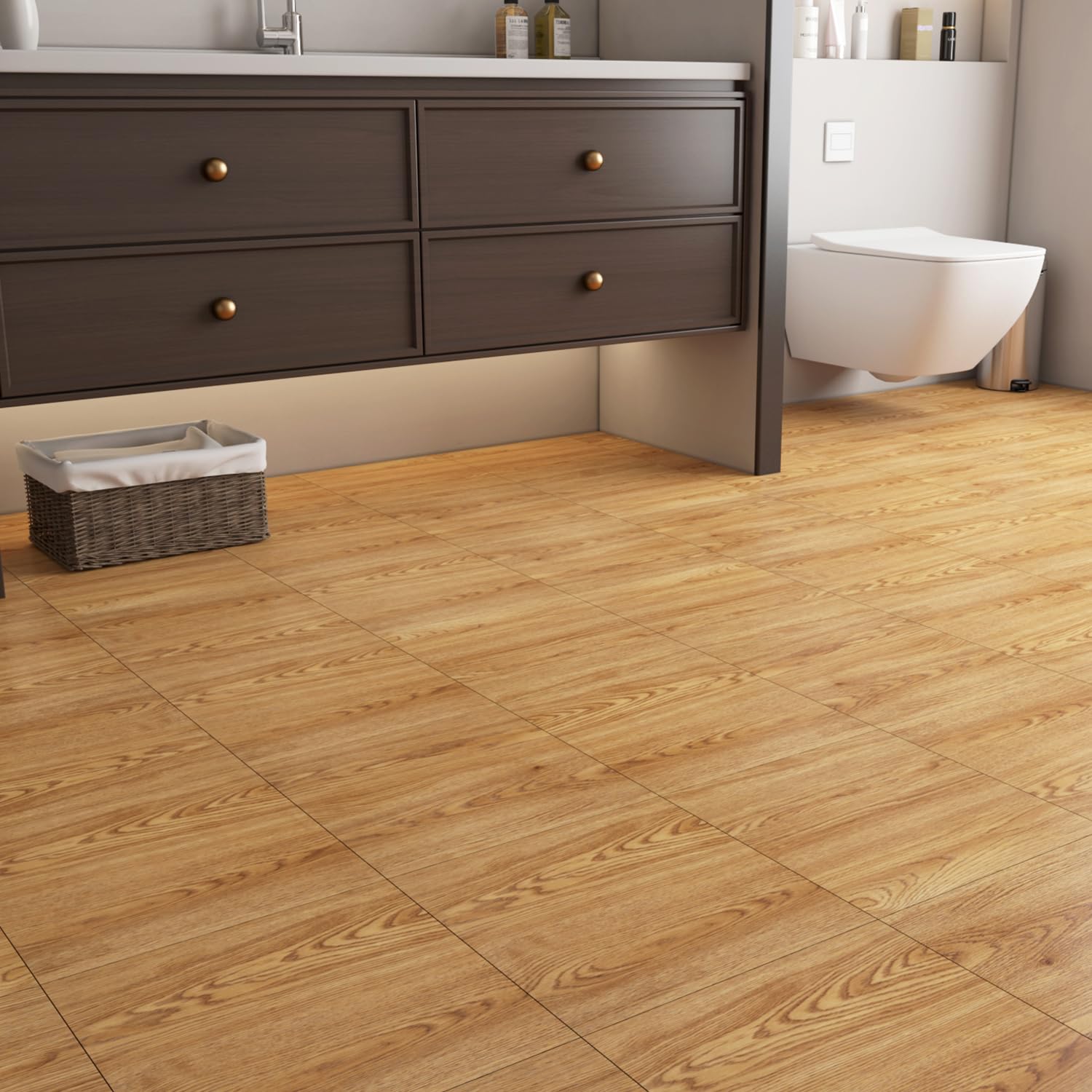 Yenhome Revêtement de sol en vinyle imperméable 30,5 x 30,5 cm – Carreaux de sol autocollants temporaires pour locataire, bois marron, résistant aux rayures