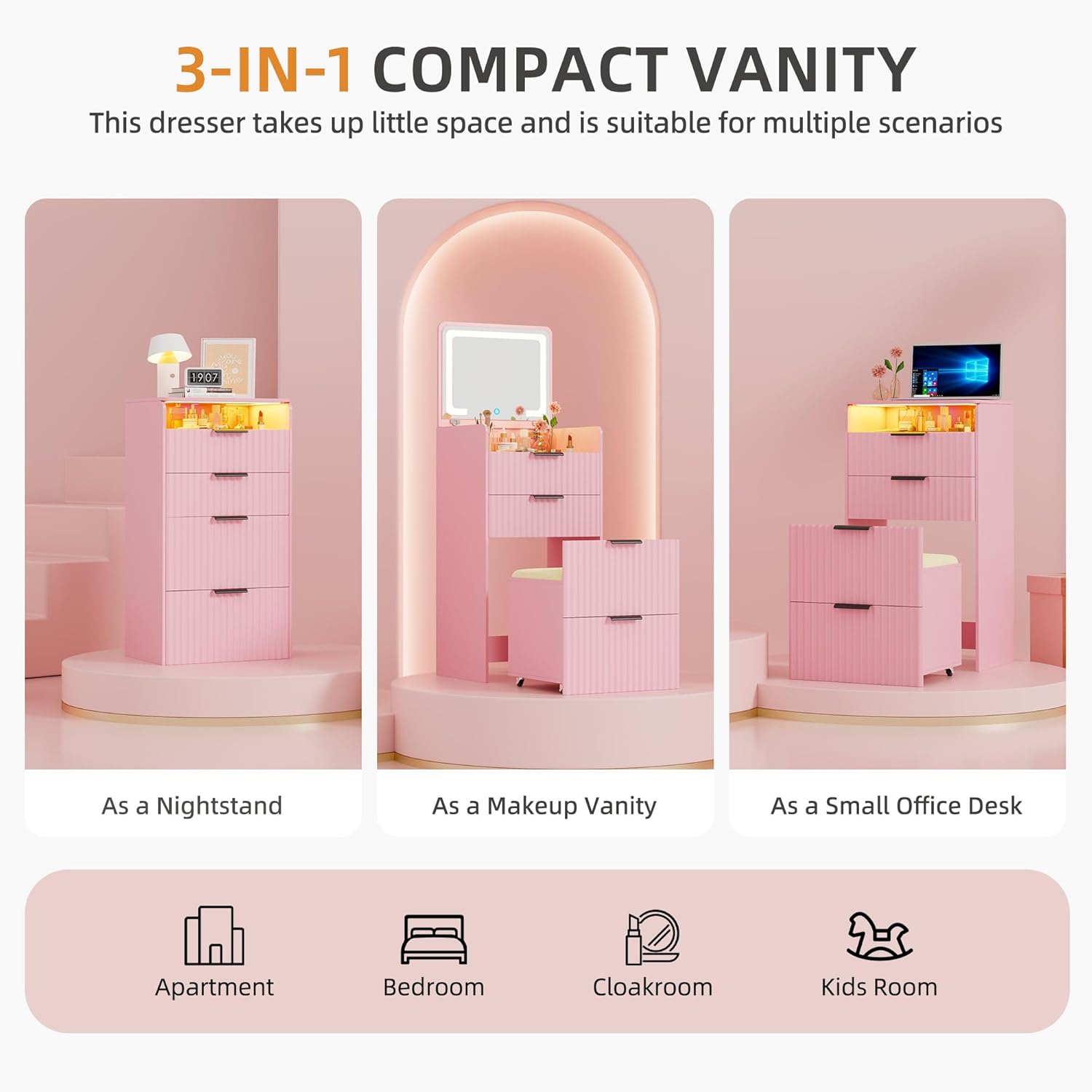 Gurexl Fluted Small Vanity Desk with Mirror and Lights, 3-in-1 Compact Makeup Vanity Set with Hidden Storage Stool, Mini Dressing Table with 3 Drawers for Little Girls (Pink)