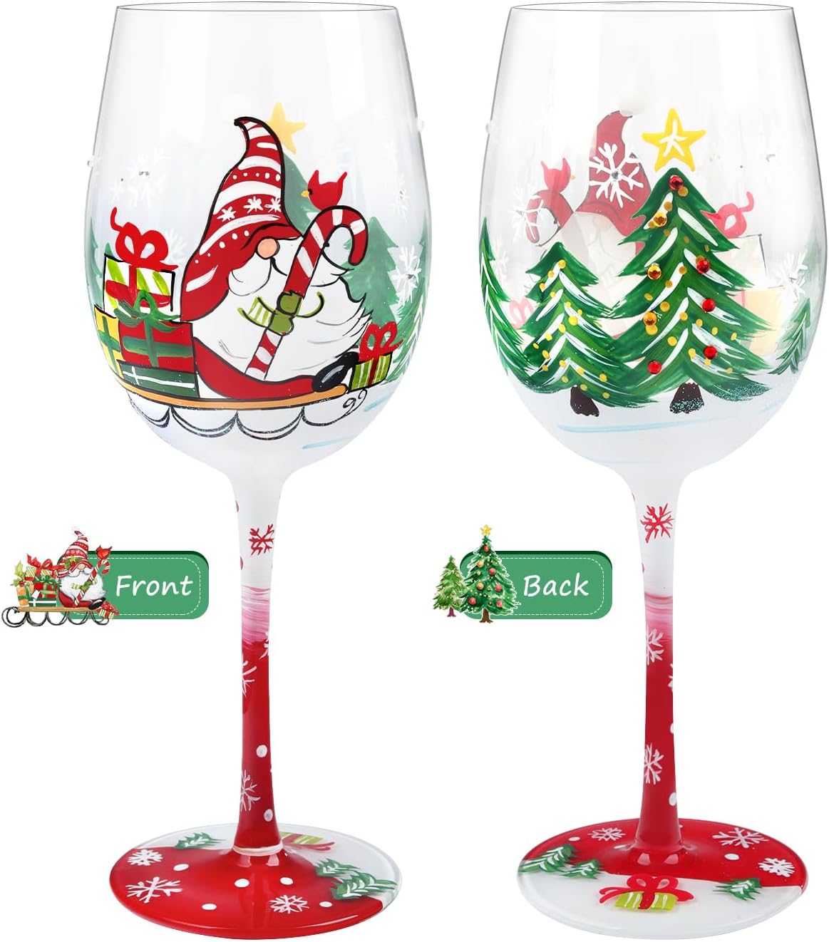 NymphFable Hand Painted Wine Glass Xmas Gnomes Christmas tree Santa Claus Snowflake Gift for Family Friend 15oz?1 piece? Gnomes and Gifts