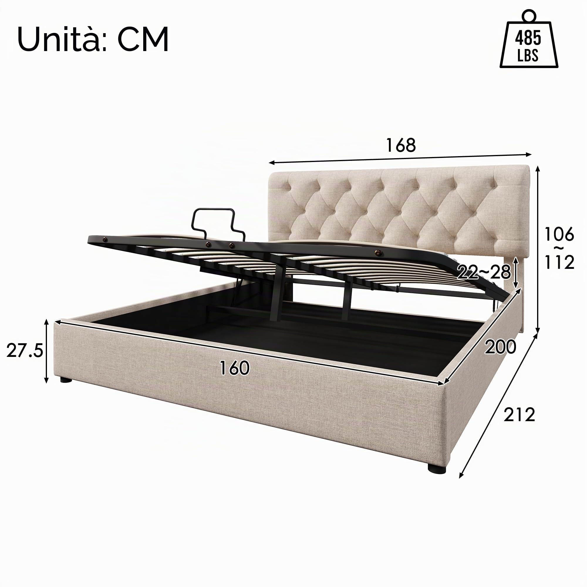 Idemon Letto imbottito idraulico, letto matrimoniale con testiera regolabile, rete a doghe in metallo, cassetta letto (senza materasso) (160 x 200 cm)
