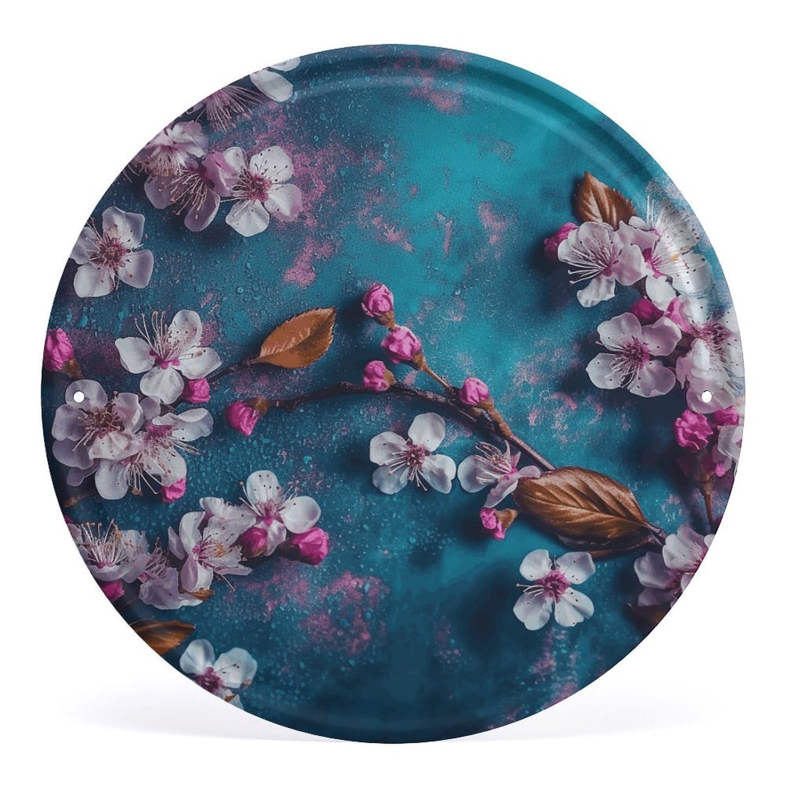 Fodpand Style Flowers On Blue Background Round Wall Art Hanging Decorations, Wall Decor Modern Minimalist Artwork, Tin Sign Hanging Picture For Living Room, Bedroom, Office, Hallway, 11.8X11.8 Inch