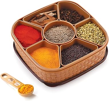 Oblivion Masala Rangoli Box Dabba for Keeping Spices | Spice Box for Kitchen | Plastic Wooden Style Masala Box | Masala Container | Masala Dabba Brown, Grey, Cream & Beige