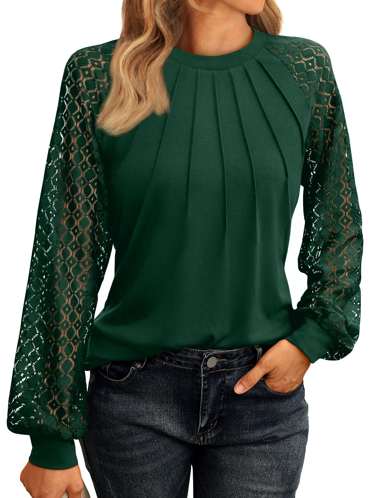 AUTOMETWomens Long Sleeve Shirts Lace Tops Business Casual Fall Fashion Outfits Clothes Knitted Y2k Blouses