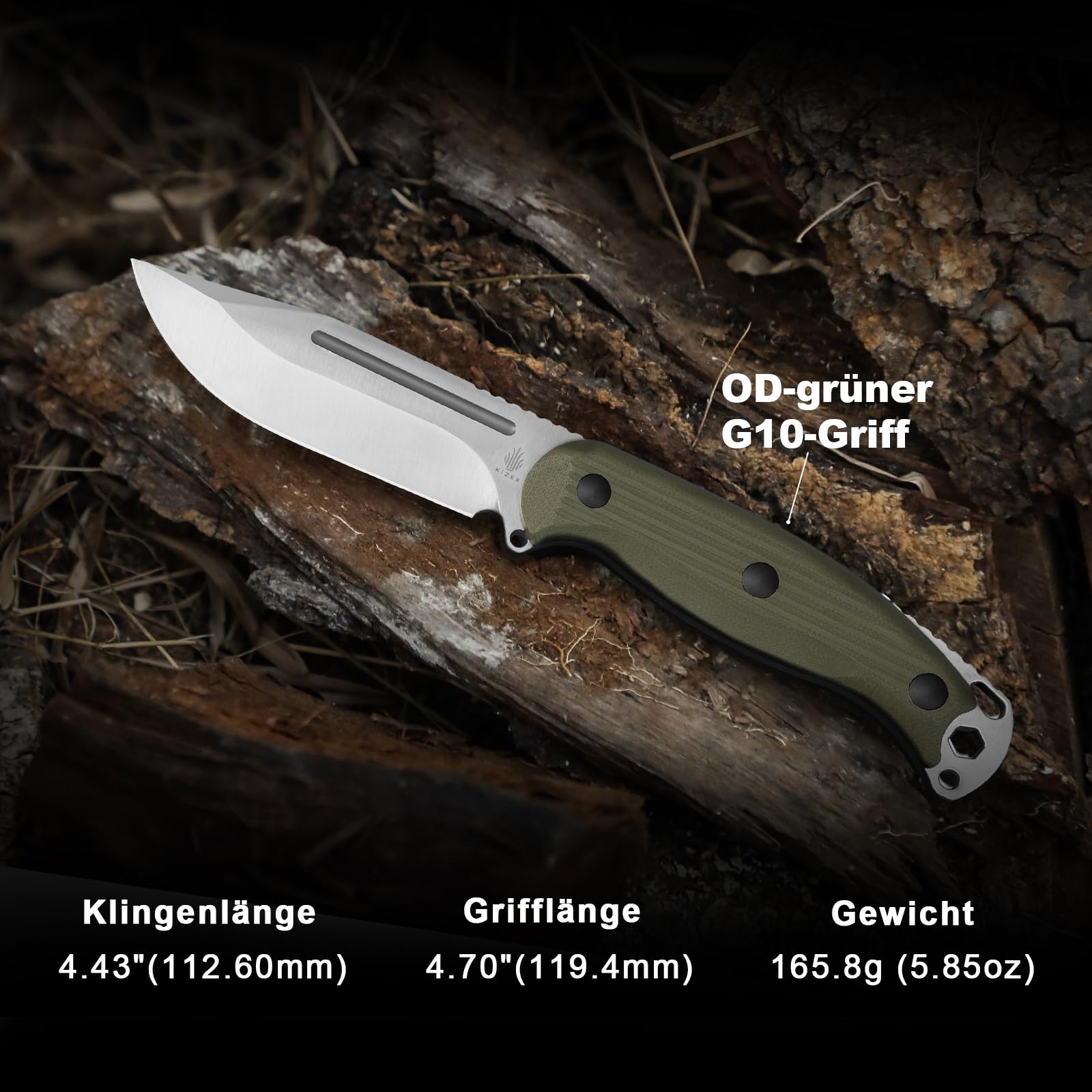 Kizer Ursa Major Survival Outdoor Messer mit Feststehende Klinge, 1082A2 | 11cm Clip Point AEB-L Klinge mit Ergonomischem Olivgrün G10 Griff, Bushcraft Messer mit Scheide & Hexagon Loch für Camping