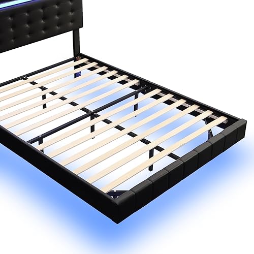 Miniatura 6 de Base de cama flotante moderna de tamaño matrimonial con cabecero, cama tapizada de plataforma matrimonial con luces LED y carga USB, marco de cama
