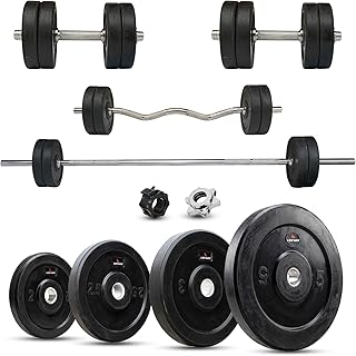 LEEWAY Rubber Weight Plates Set 100Kg | Rubber Coated Home Gym Combo | 28 mm 3 Ft Curl & 5 Ft Barbell Rods, Dumbbell Rods| Price In India