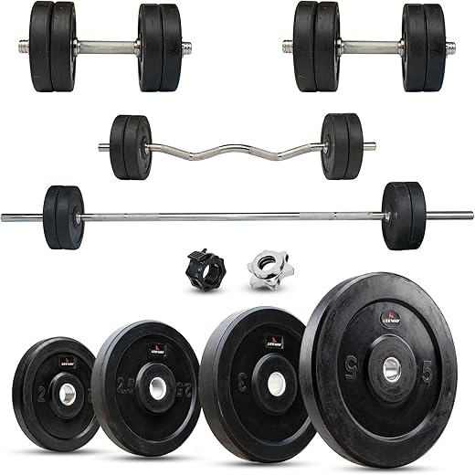 LEEWAY Rubber Weight Plates Set 100Kg | Rubber Coated Home Gym Combo | 28 mm 3 Ft Curl &amp; 5 Ft Barbell Rods, Dumbbell Rods|