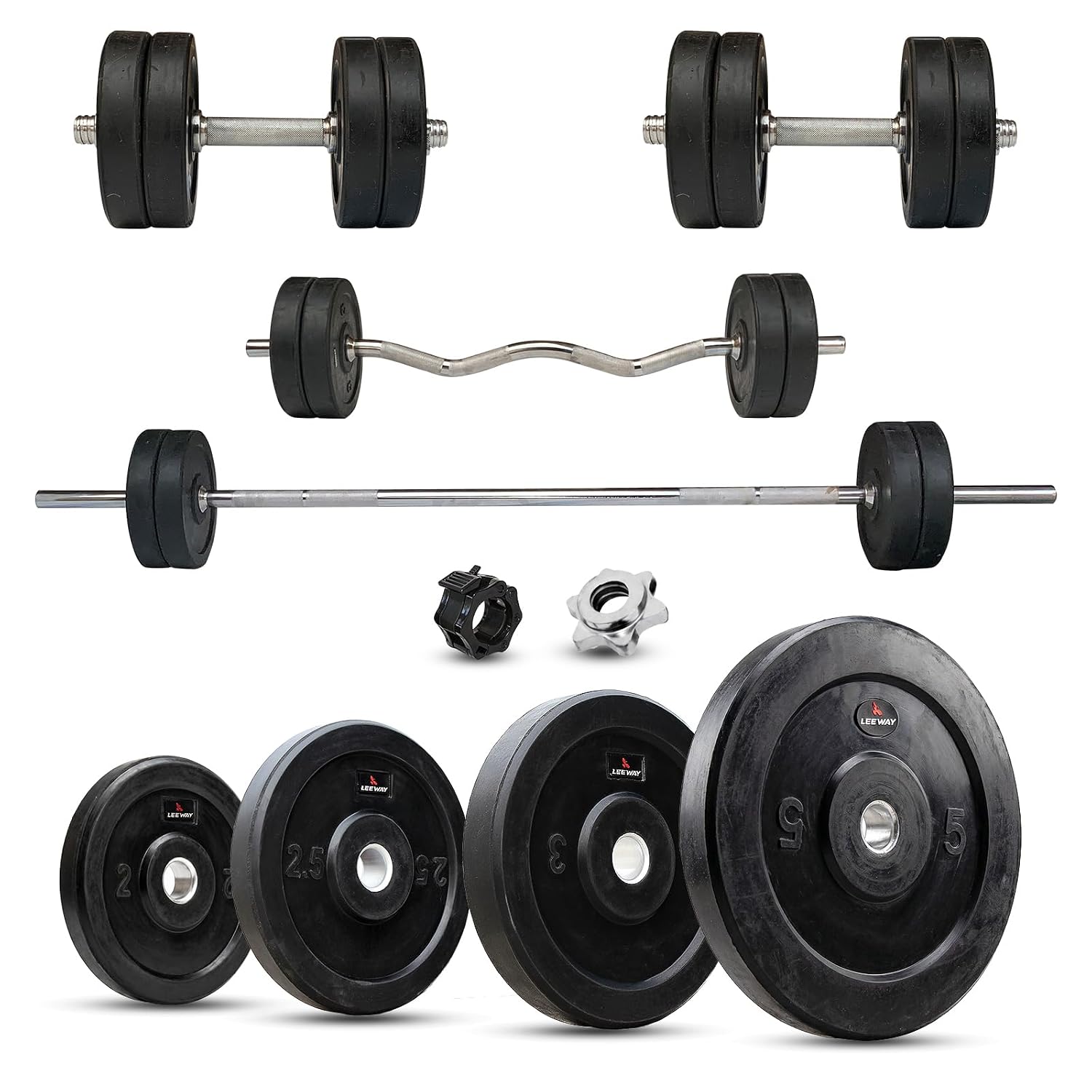 LEEWAY Rubber Weight Plates Set 100Kg | Rubber Coated Home Gym Combo | 28 mm 3 Ft Curl & 5 Ft Barbell Rods, Dumbbell Rods|... - Review, Price and Buying Guide