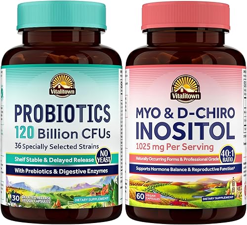 Vitalitown Paquete de probióticos e inositol 120 mil millones de UFC, 36 cepas + prebióticos y enzimas digestivas + mio-inositol y D-chiro, salud