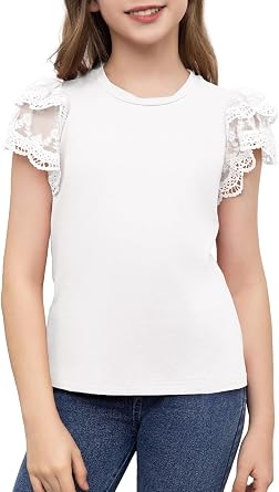 DOKOTOO KIDS Girls Shirts Teen Summer Top Tween T Shirt Cute Lace Short Sleeve Blouse Size 6-15 Years Old