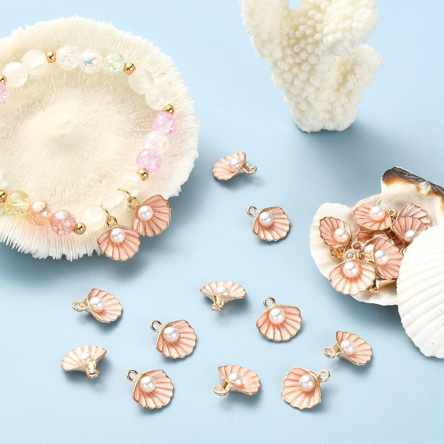 LiQunSweet 100 Pcs Golden Pink Shell Charm Enamelled Mini Ocean Theme Pendants with Faux Pearl Bulk for Girls Women Earrings Bracelet Jewelry Making