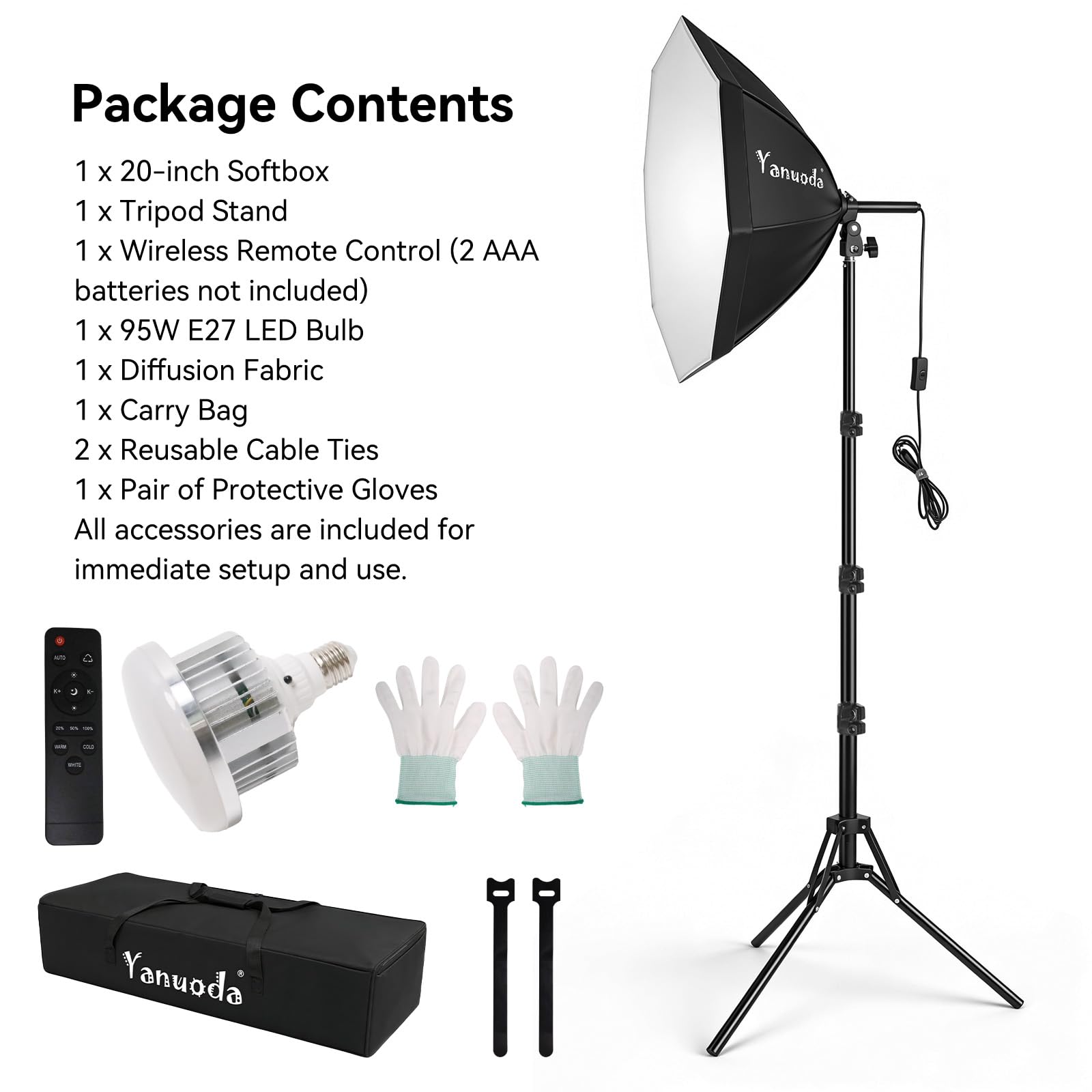Kit de Luz Softbox 20"x20" - LED 95W Regulable con Temperatura de Color Ajustable 3000K-7500K y Mando, Luz de Estudio Portátil para Fotografía, Video y Streaming en Directo