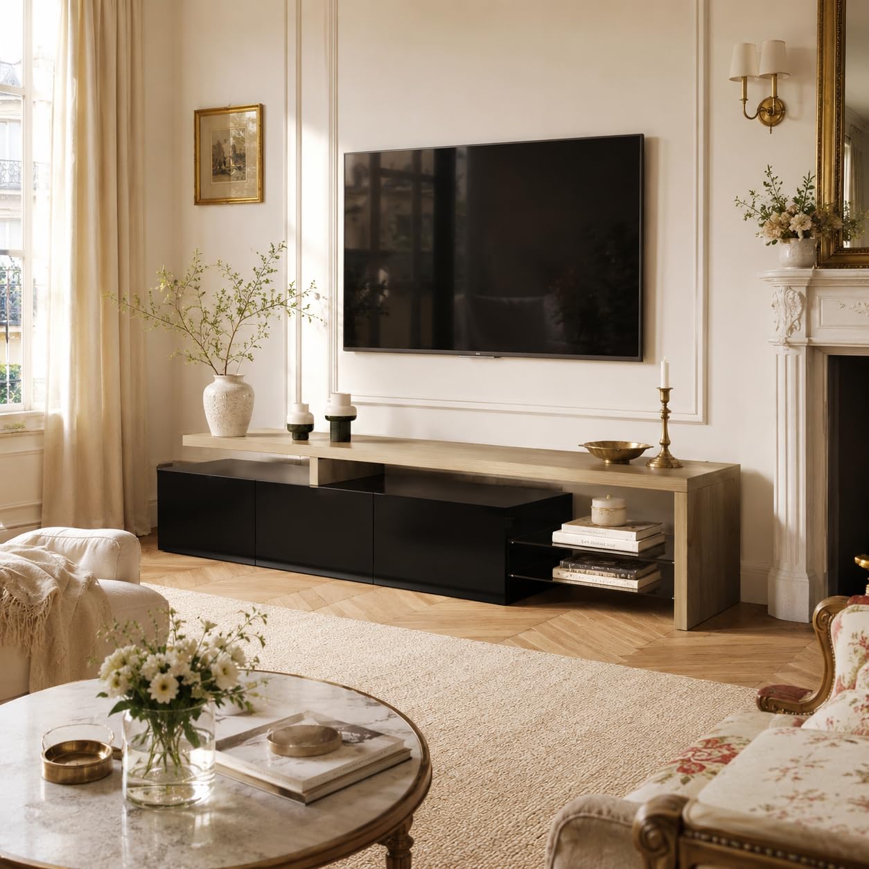 TV Lowboard mit Stauraum, Fernsehtisch mit 3 Türen und Glasablage, TV Bank für Fernseher bis zu 85 Zoll, Fernseh Sideboard für Wohnzimmer, Schwarz, 200x39x42cm