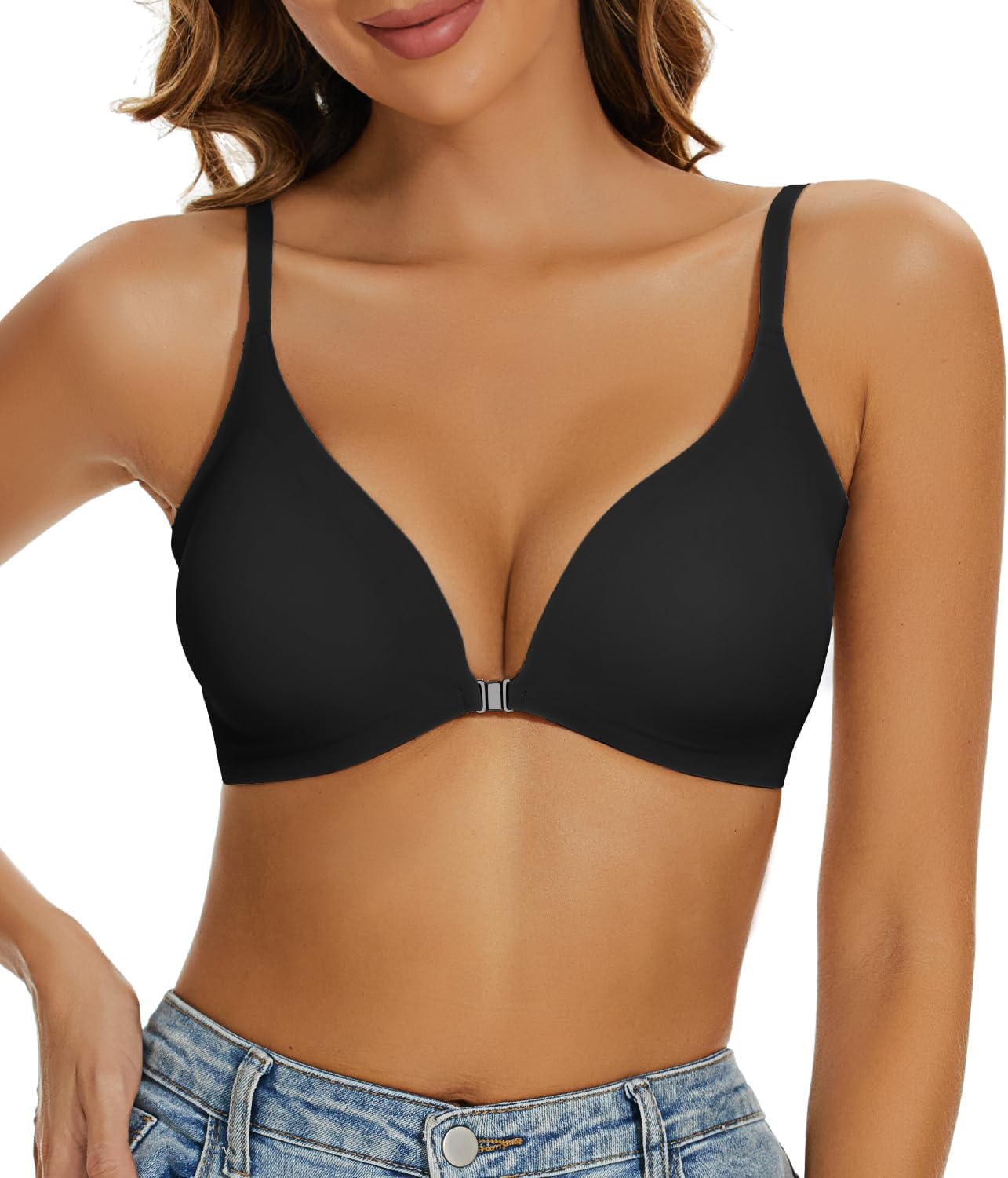 Push Up Bra Front Closure Bras for Women Comfort No Underwire Low Cut V-Neck Bralette Seamless Padded Nude Bra