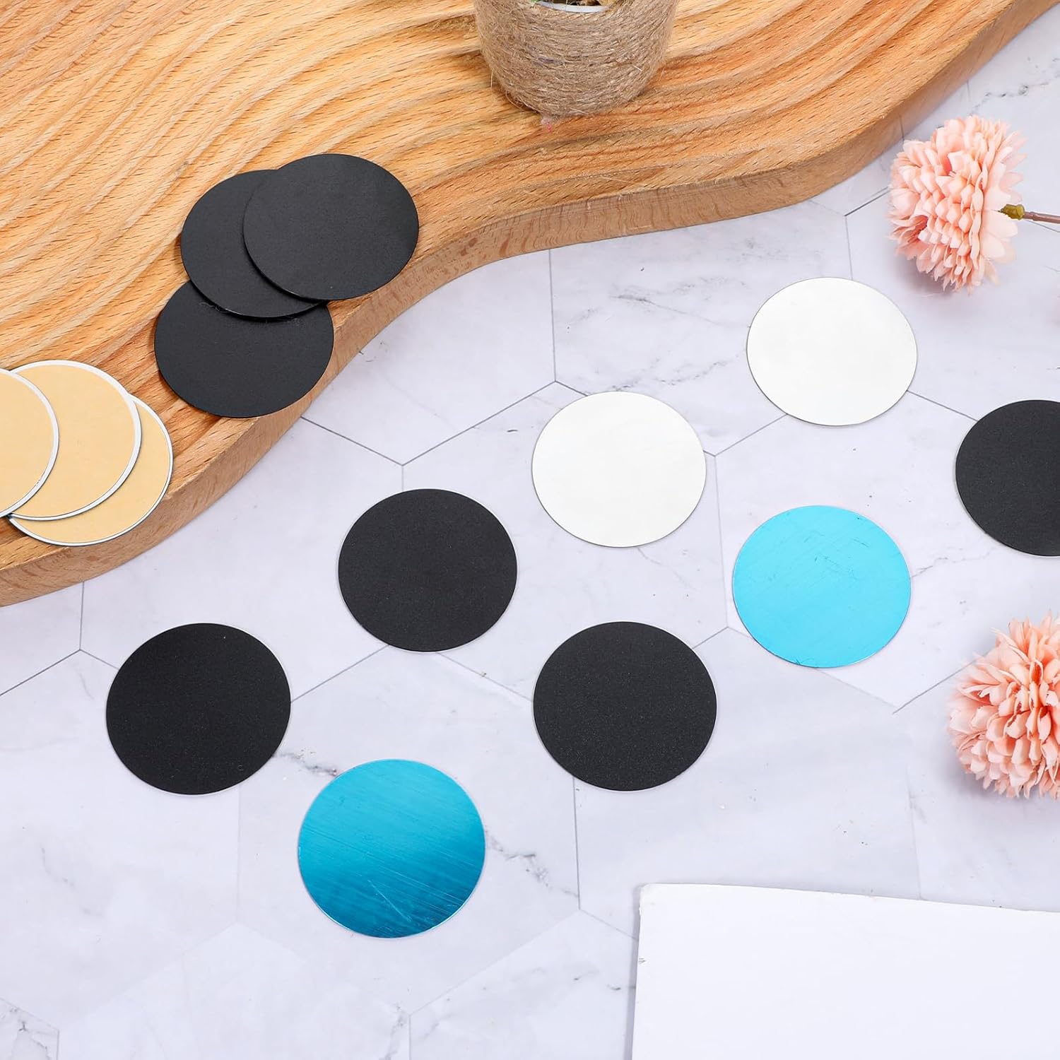 14 Pack Cabinet Lights Magnetic Sticky, Round Adhesive Metal Plates for Magnetic Mounts Stainless Steel Replacement Magnetics Strip Plate Mount Replacement Adhesives for Counter Lights(Black, Silver)