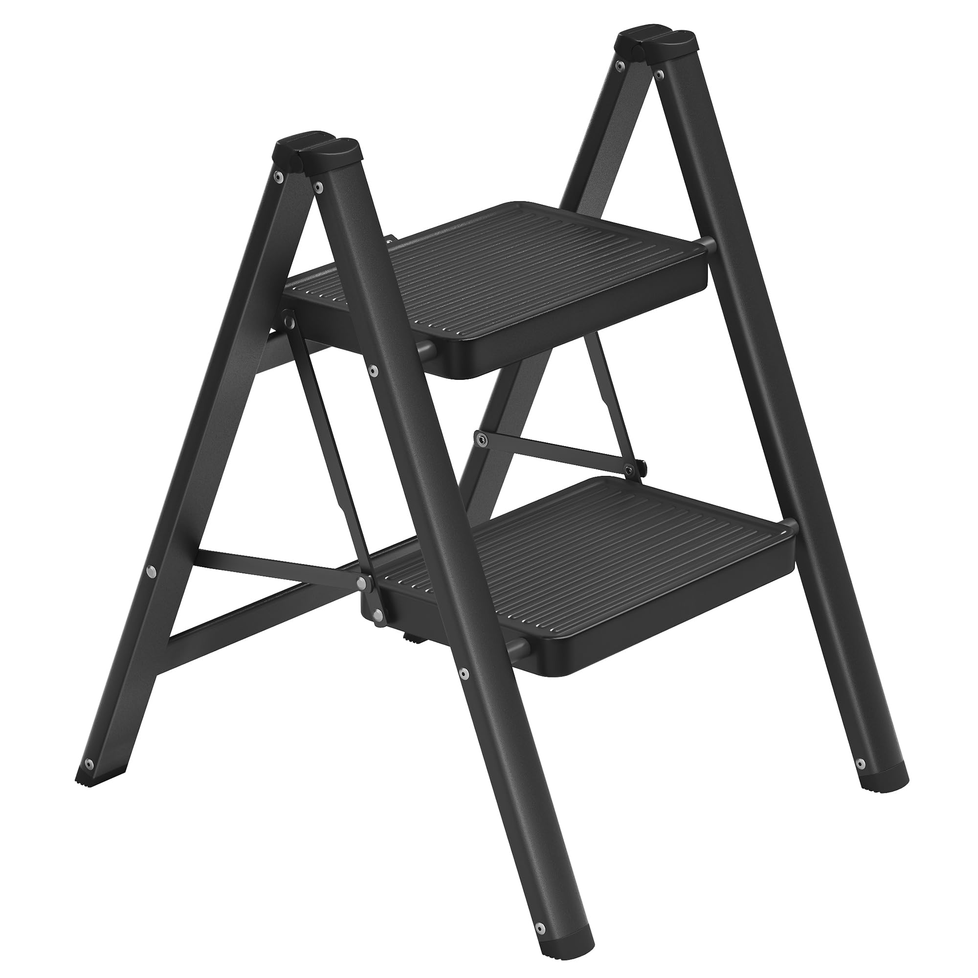 SONGMICS Trittleiter, Tritthocker klappbar, Klappleiter 2 Stufen, bis 150 kg belastbar, Leiter, aus Stahl, einfach zu verstauen, für Haushalt Büro, schwarz, 55 x 43,4 x 61,8 cm GSL102BZ01