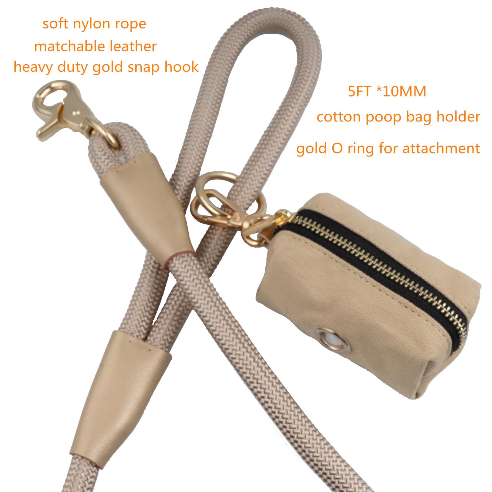 Guinzaglio per cani in corda di nylon con supporto per sacchetti per cacca, resistente, guinzaglio per cani con manico morbido, per tutte le razze (marrone chiaro, 1,5 m x 10 mm)