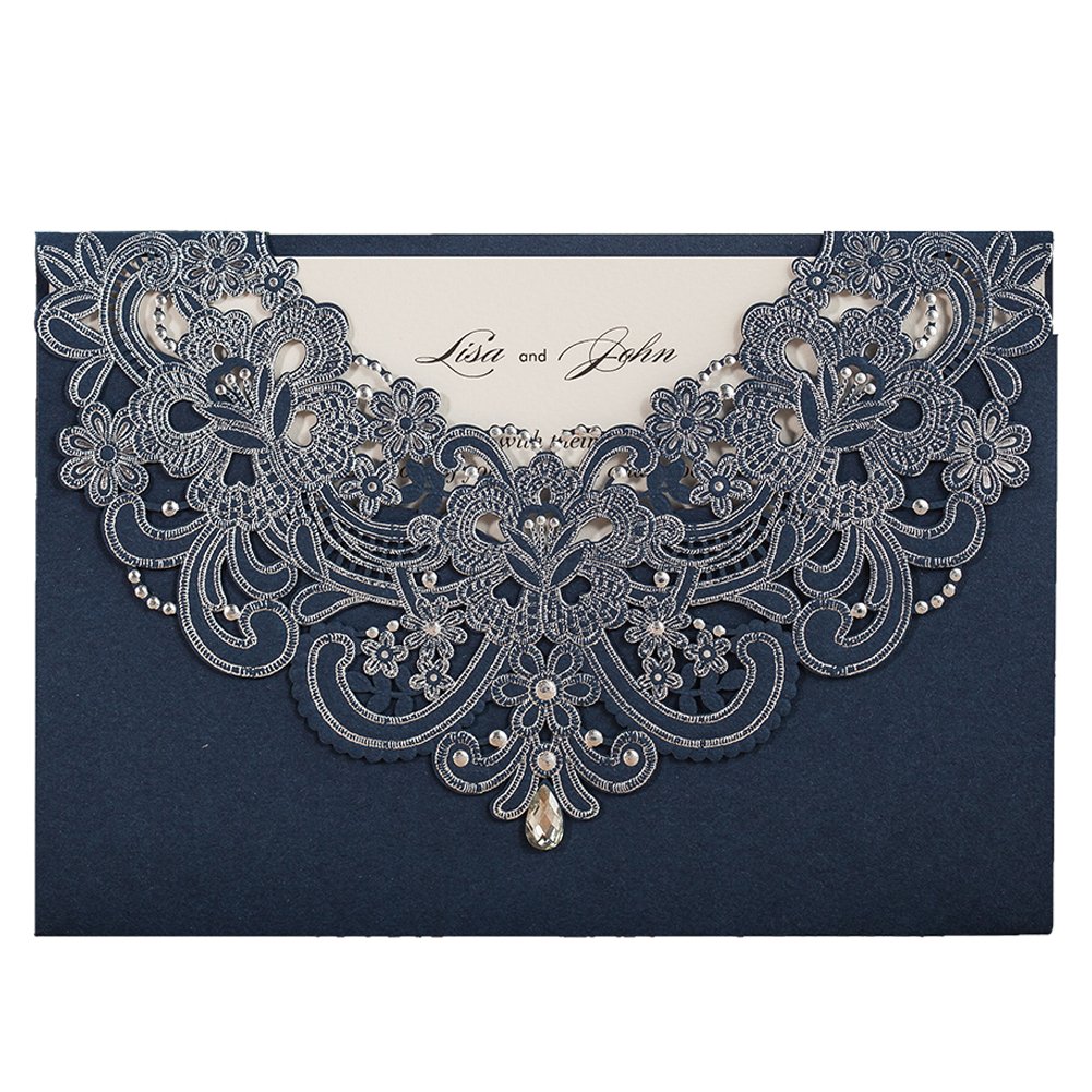 50 Navy Blue Laser Cut Wedding Invitations Kit Rhinestone Design |  Desertcart Seychelles, image size:1001x1001
