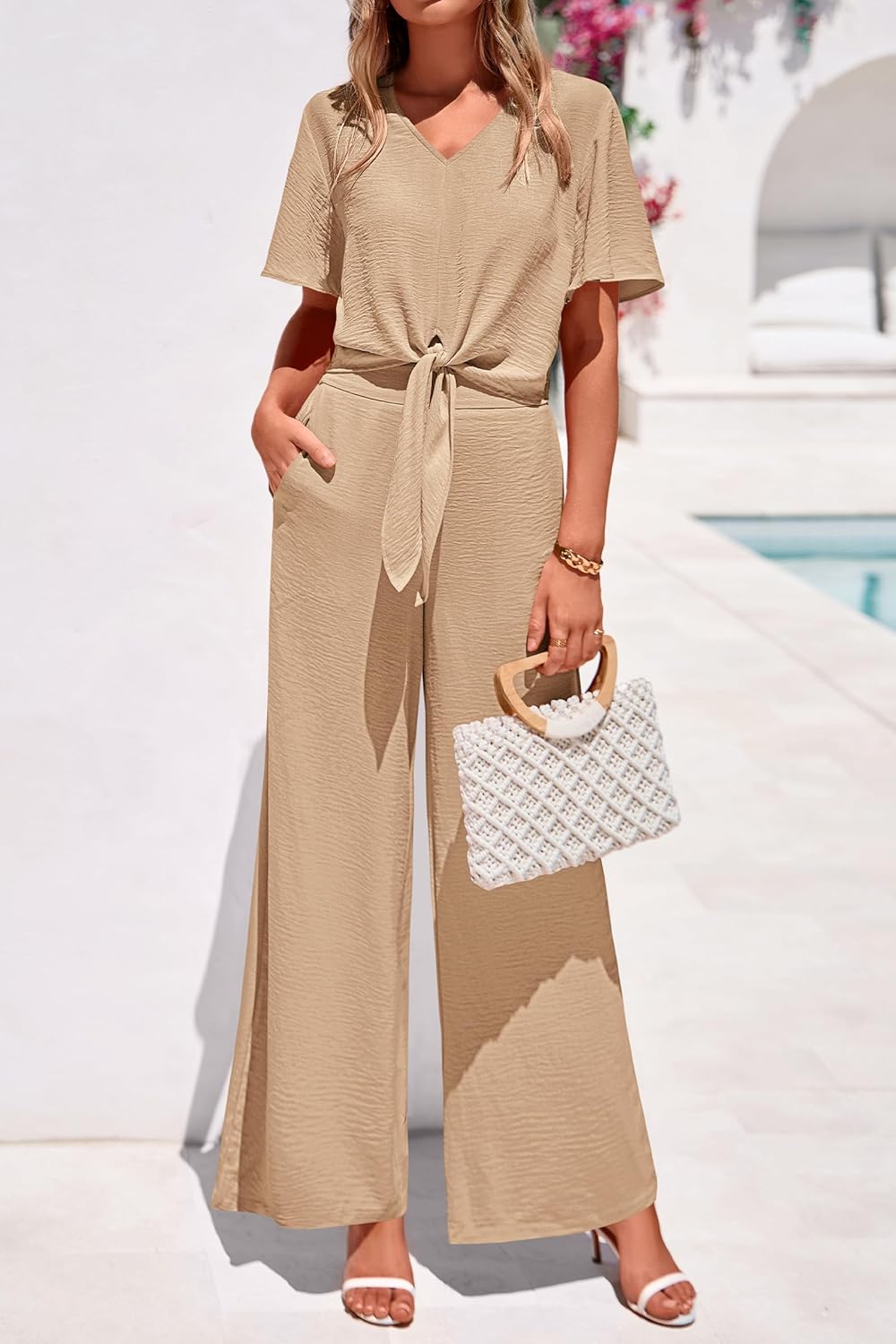 PRETTYGARDEN Women 2 Piece Summer Outfits Short Sleeve Strappy Top Wide Leg Pants Tracksuit Lounge Sets Beach Clothes - Image 2