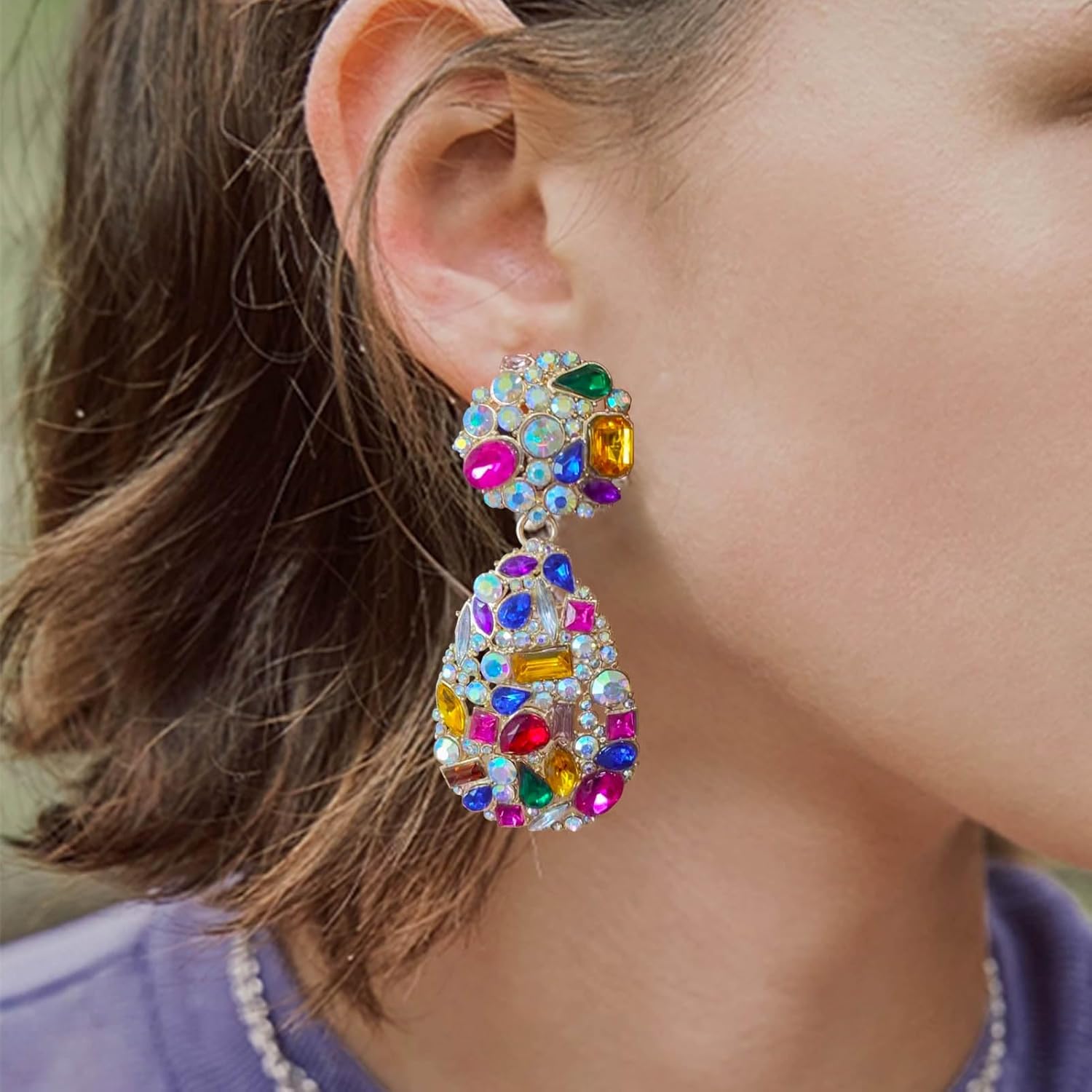 Rhinestone Teardrop Dangle Earrings with Round Studs Statement Drop Earrings Wedding Jewelry - Image 2