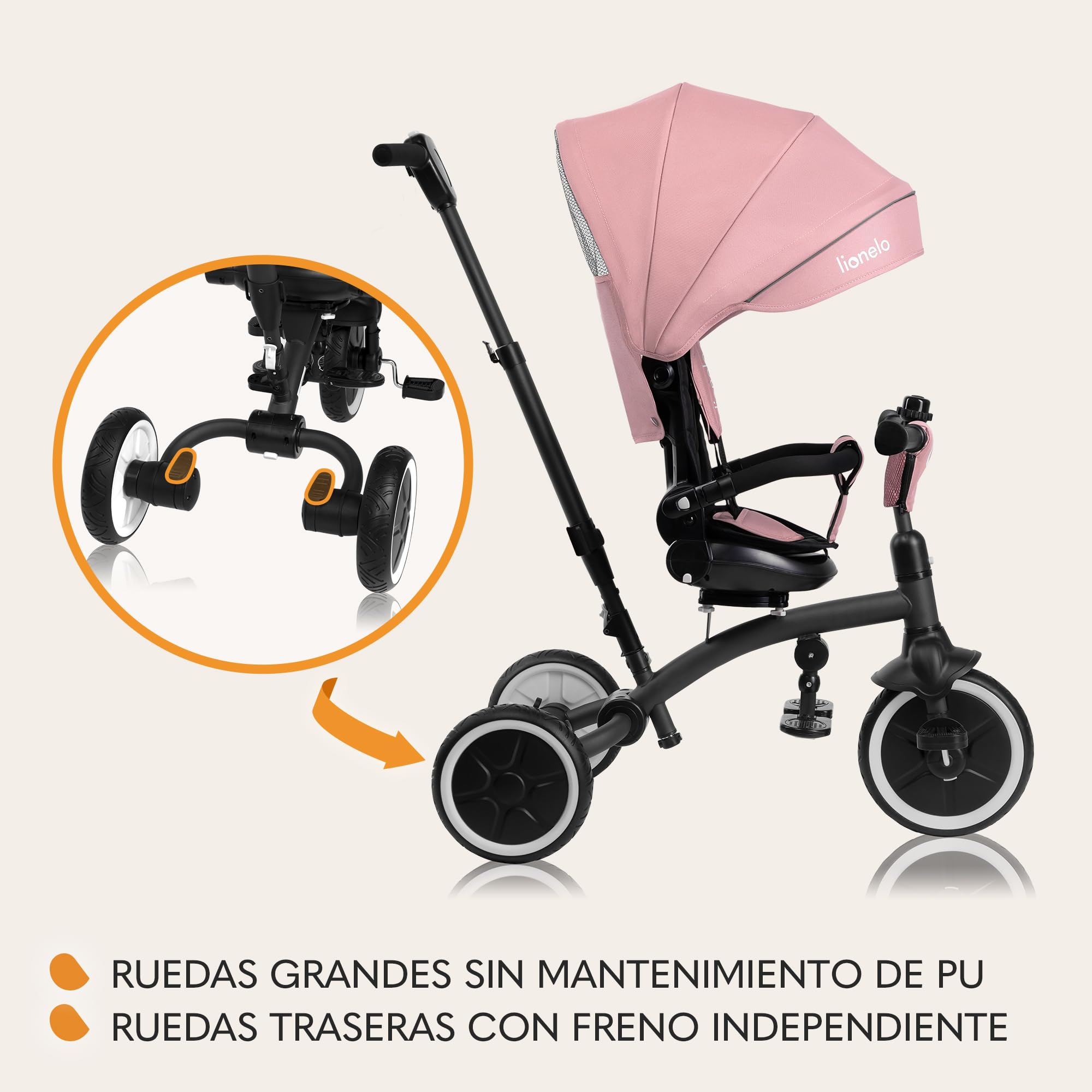 LIONELO Tris Plus Bicicleta de Paseo Triciclo Multifunción de 9 Meses a 25 kg, Carrito Bebé, Ruedas Grandes PU Asiento Giratorio 360° Respaldo Ajustable Montaje sin Herramientas