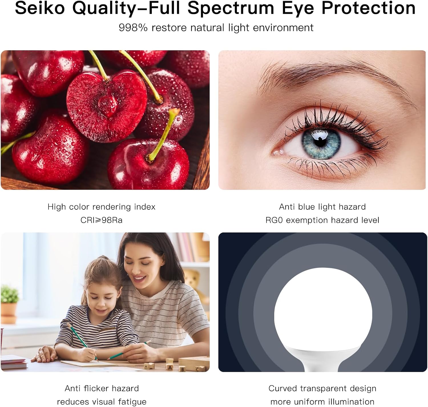Full Spectrum Sun Light Bulb - G30 12W, Boosts Energy, Mood & Performance, Near-Perfect Color Rendering, Imitate Sunlight Indoors for a Happy Life, American Pry LED Beads,CRI of 98+, (6000K)
