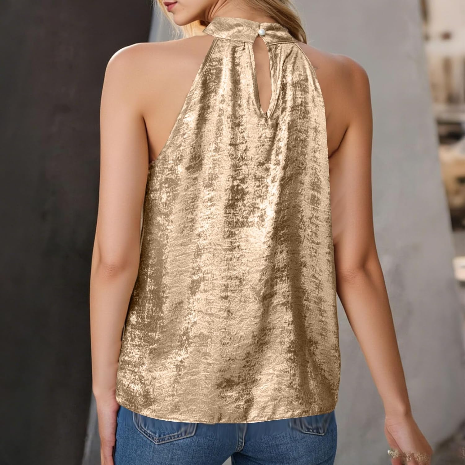 Women's Party Shirts Y2k Fashion Off-Shoulder Glossy Pleated Turtleneck Shirt Sleeveless Tank Tops Clubwear Blouse