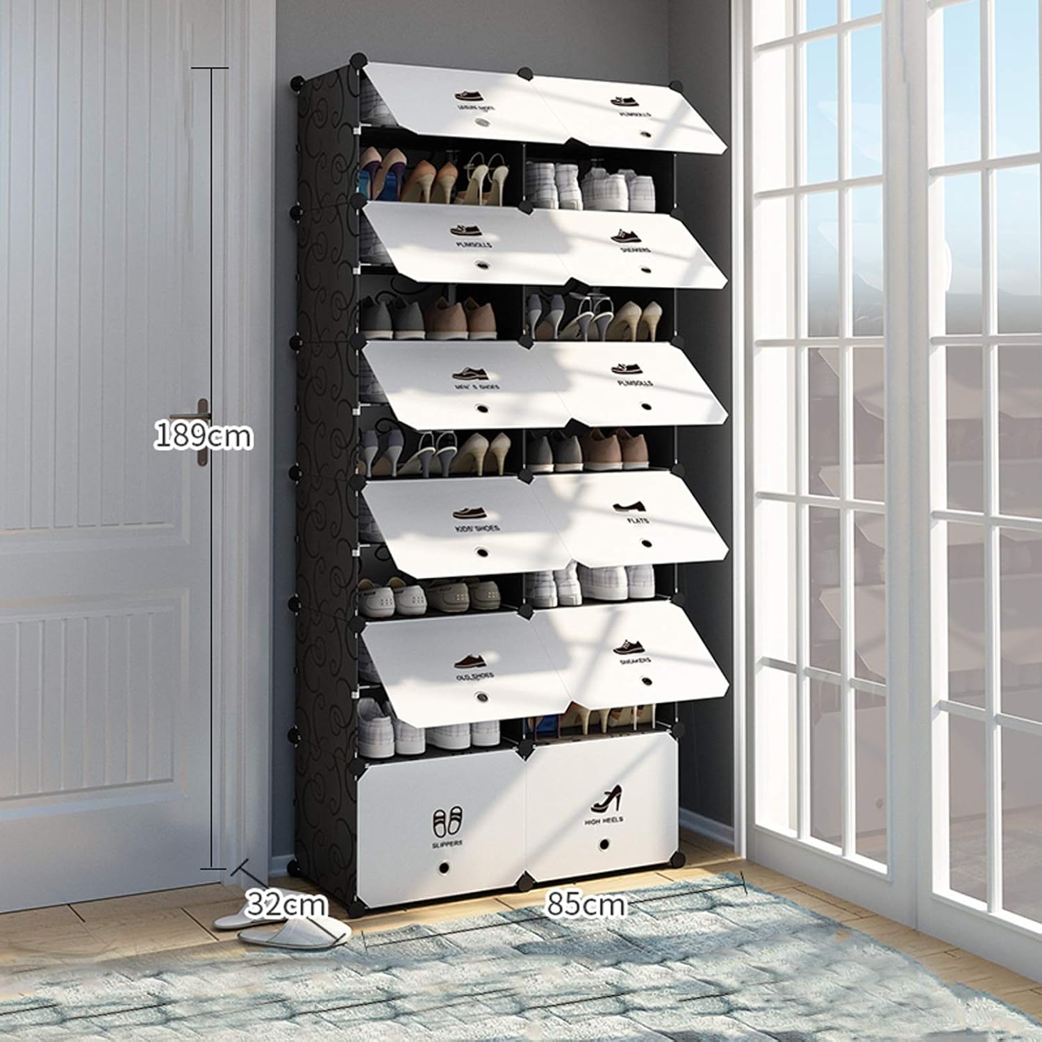 2 Columns 12 Tier Shoe Rack Plastic Withdoor Storage 48 Pairs of Shoes Assembly Dormitory Living Room Black 85X32X189CM