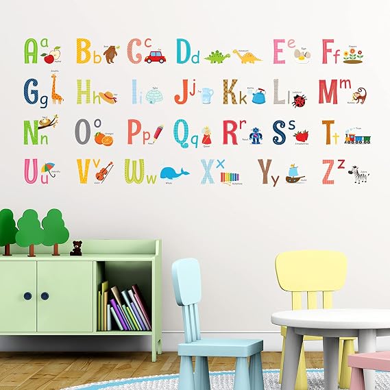 DECOWALL DW-1701S Alphabet ABC with Pictures Kids Wall Stickers Wall Decals Peel and Stick Removable Wall Stickers for Kids Nursery Bedroom Living Room (Medium) d?cor