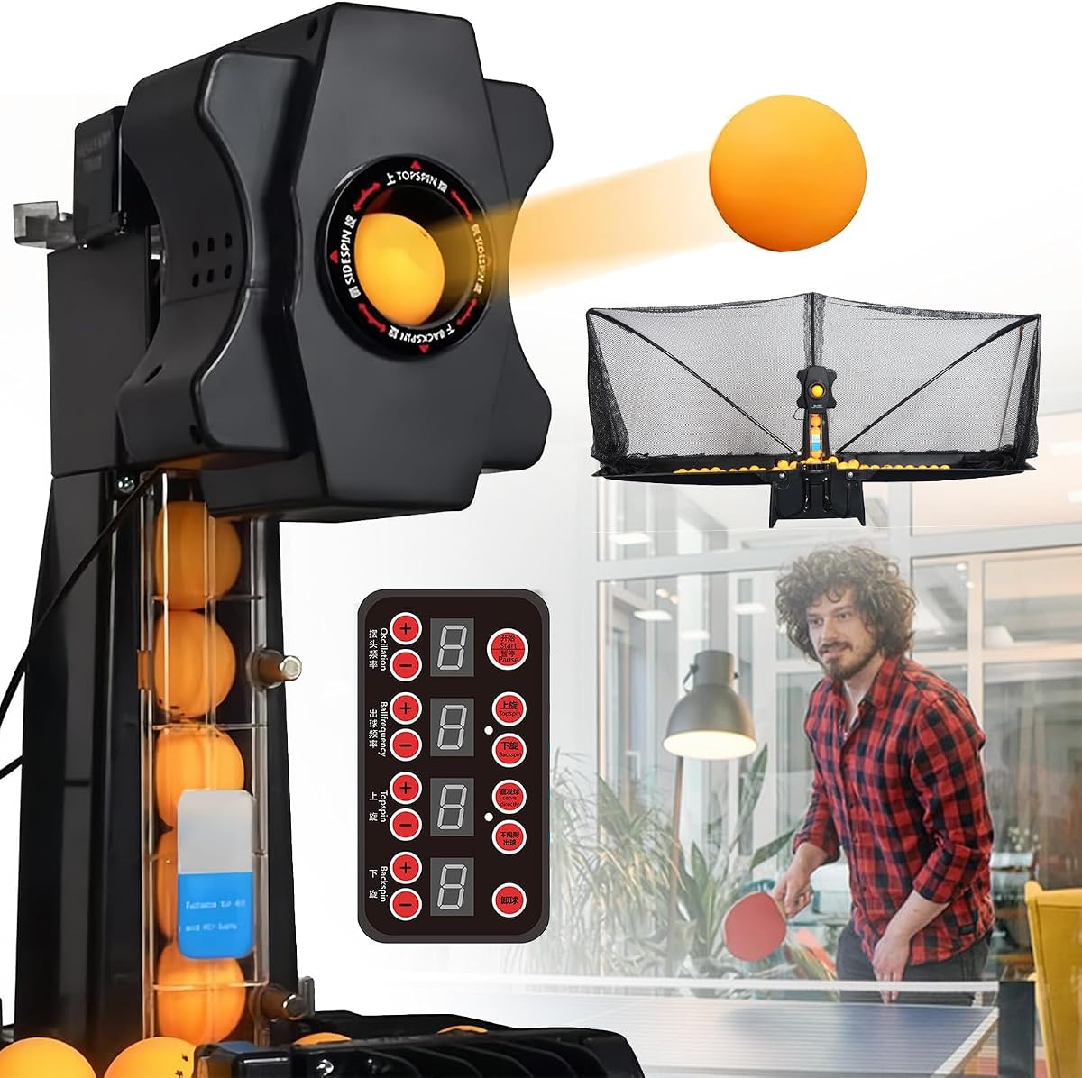 Table Tennis Robot with Training Recycle Net, Ping Pong Robot Machine, 9 Spin Types, 300+ Ball Capacity, Automatic Ball Collection for Home Practice, Family Training & Kids Learning