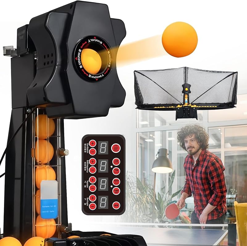 Table Tennis Robot with Training Recycle Net, Ping Pong Robot Machine, 9 Spin Types, 300+ Ball Capacity, Automatic Ball Collection for Home Practice, Family Training & Kids Learning