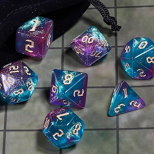 Miniatura 4 de CiaraQ DND - Juego de dados poliédricos para juegos de rol de Dungeons and Dragons RPG MTG, con 1 bolsa de dados (azul + morado + purpurina)