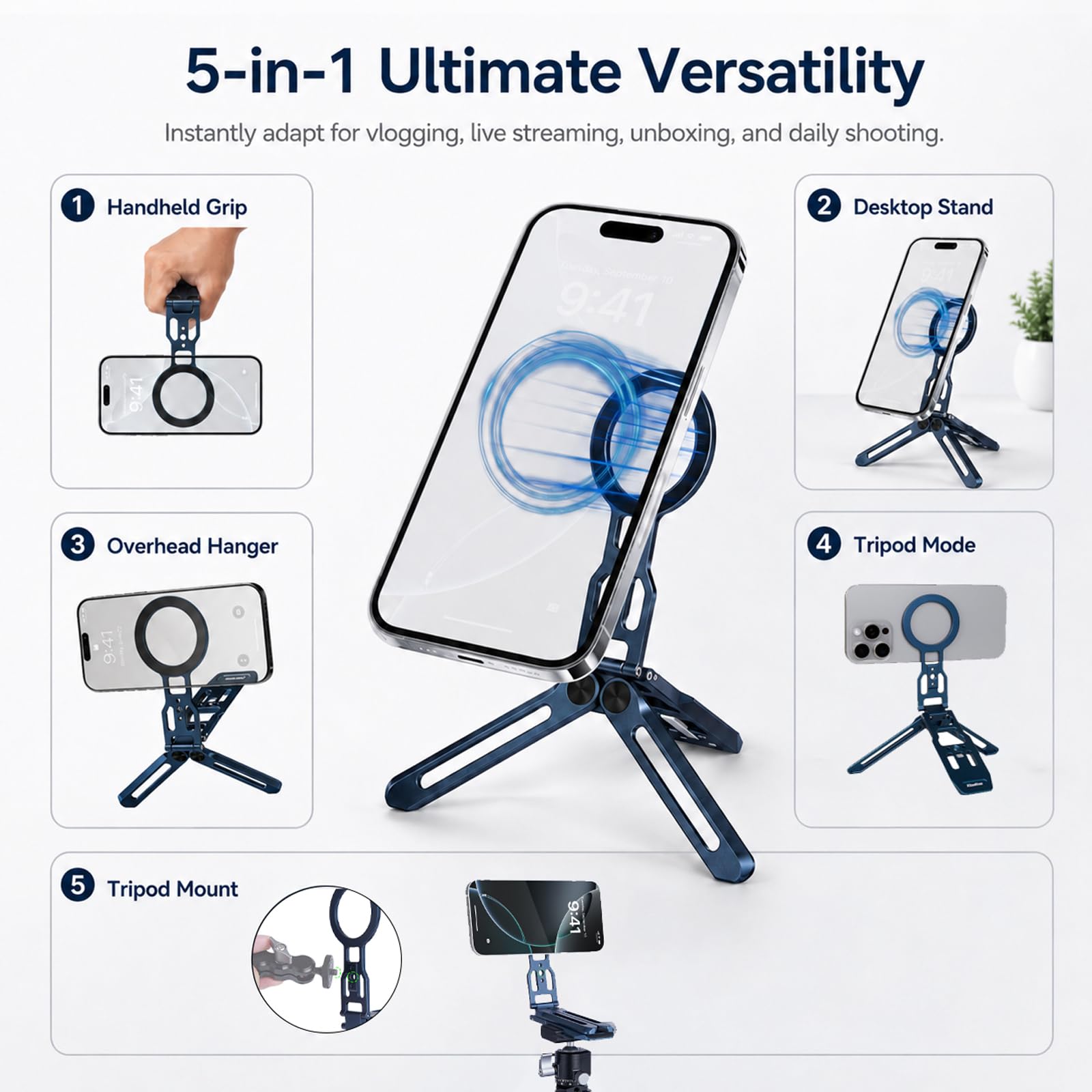 Supporto Magnetico per Smartphone con Gancio Nascosto, Pieghevole/in Alluminio Treppiede Smartphone, Treppiede Magnetico per telefono, Compatibile con iPhone 17-12 e attacco Arca-Swiss