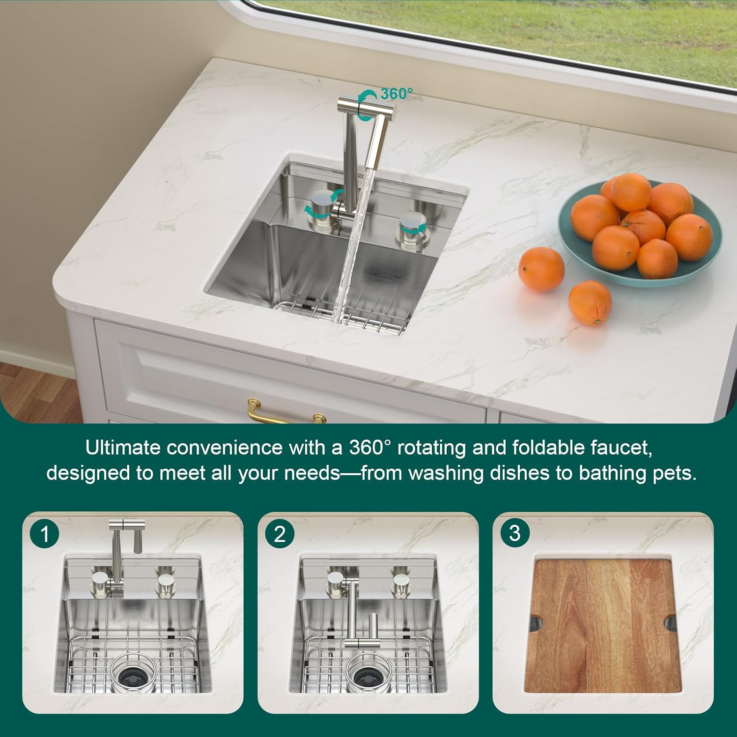 RV Kitchen Sink - 13x15x9 Inch Undermount Bar Sink with Faucet, Workstation 304 Stainless Steel 16 Guage Single Bowl Sinks with Cutting Board for RV. Kitchen Bar, Outdoor & Boat #TLRV-0024