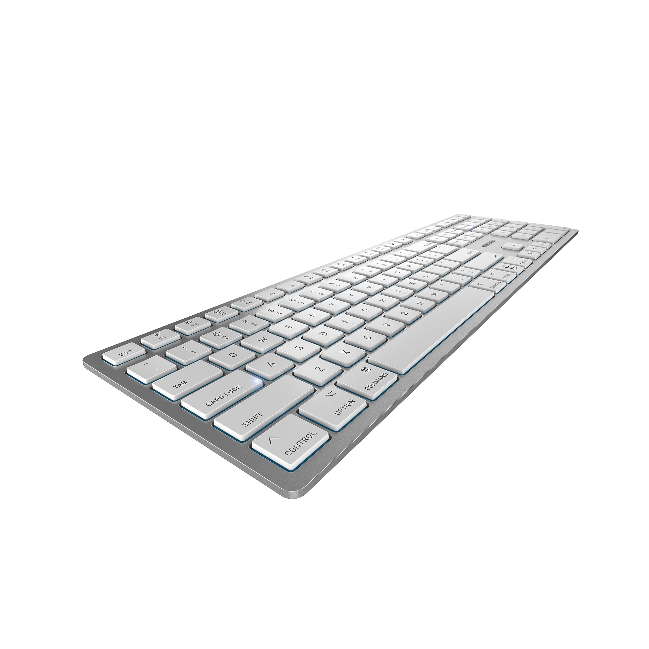 CHERRY KW 9100 SLIM FOR MAC, Tastiera Mac Senza Fili, Layout per gli USA (QWERTY), Connessione Bluetooth o Wireless 2,4 GHz, Tasti Piatti, Ricaricabile, Bianco-Argento
