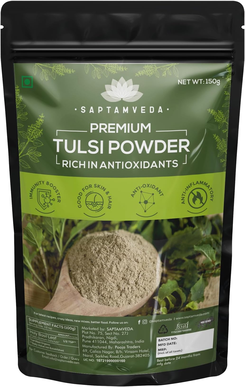SAPTAMVEDA Premium Tulsi Leaf Powder (150 Gm) - Organic Holy Basil Leaves Extract for Immunity Boost and Respiratory Wellness Men & Women | Natural Ayurvedic Herbal Supplement For Health, Skin,Hair