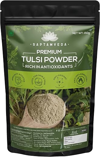 SAPTAMVEDA Premium Tulsi Leaf Powder (150 Gm) - Organic Holy Basil Leaves Extract for Immunity Boost and Respiratory Welln