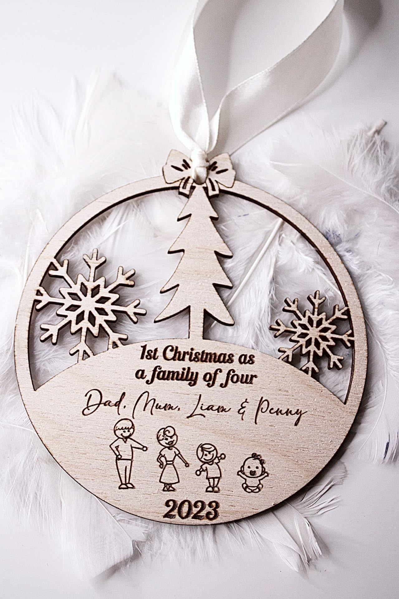 First Christmas as a Family of Three, Four, Five, Personalised Wooden Bauble, Baby’s First Christmas Ornament, Custom Family Christmas Decoration, 2024 Keepsake Gift