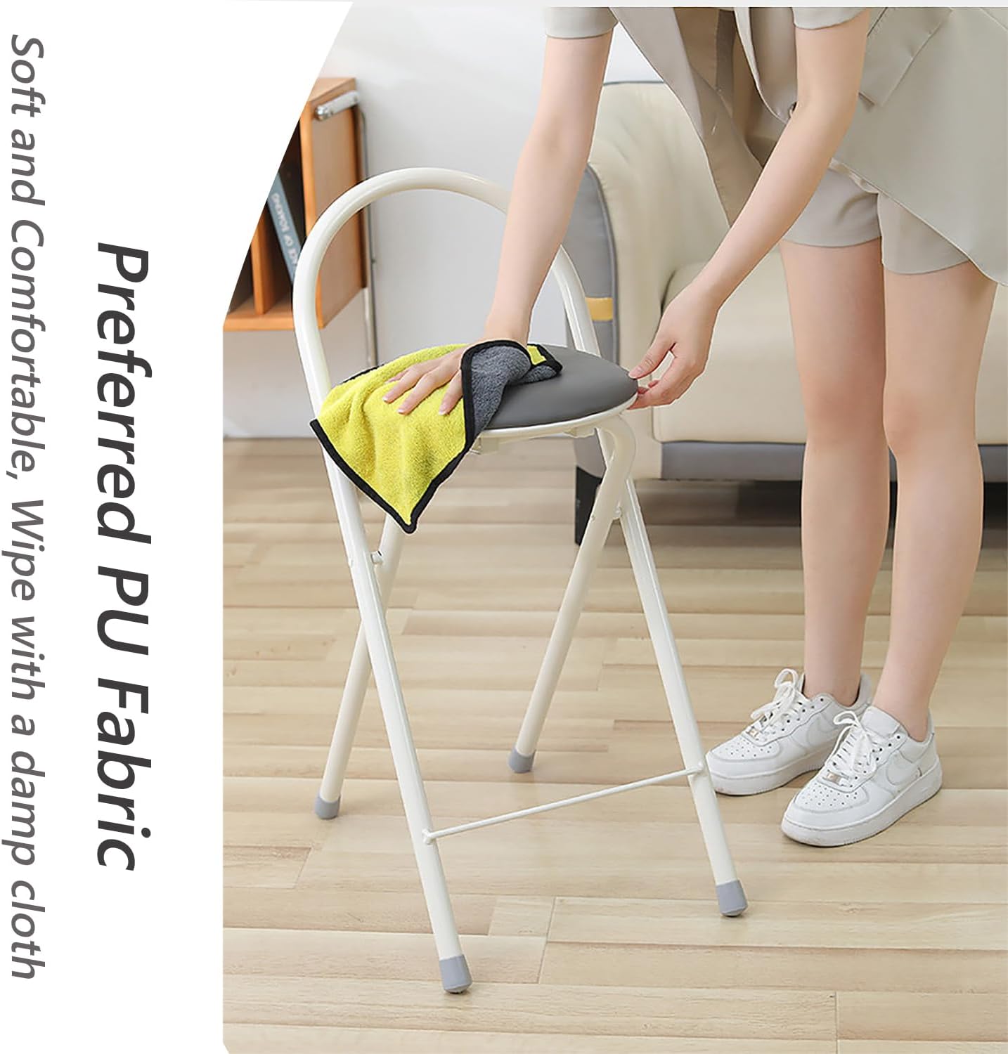 Folding Stool with back support, Folding Stools for Adults Portable, 24 inch tall Cushioned Padded Leather Barstool Chair for Kitchen Outdoor Travel Garden Camping (White, H61 x W30cm(24x12inch))