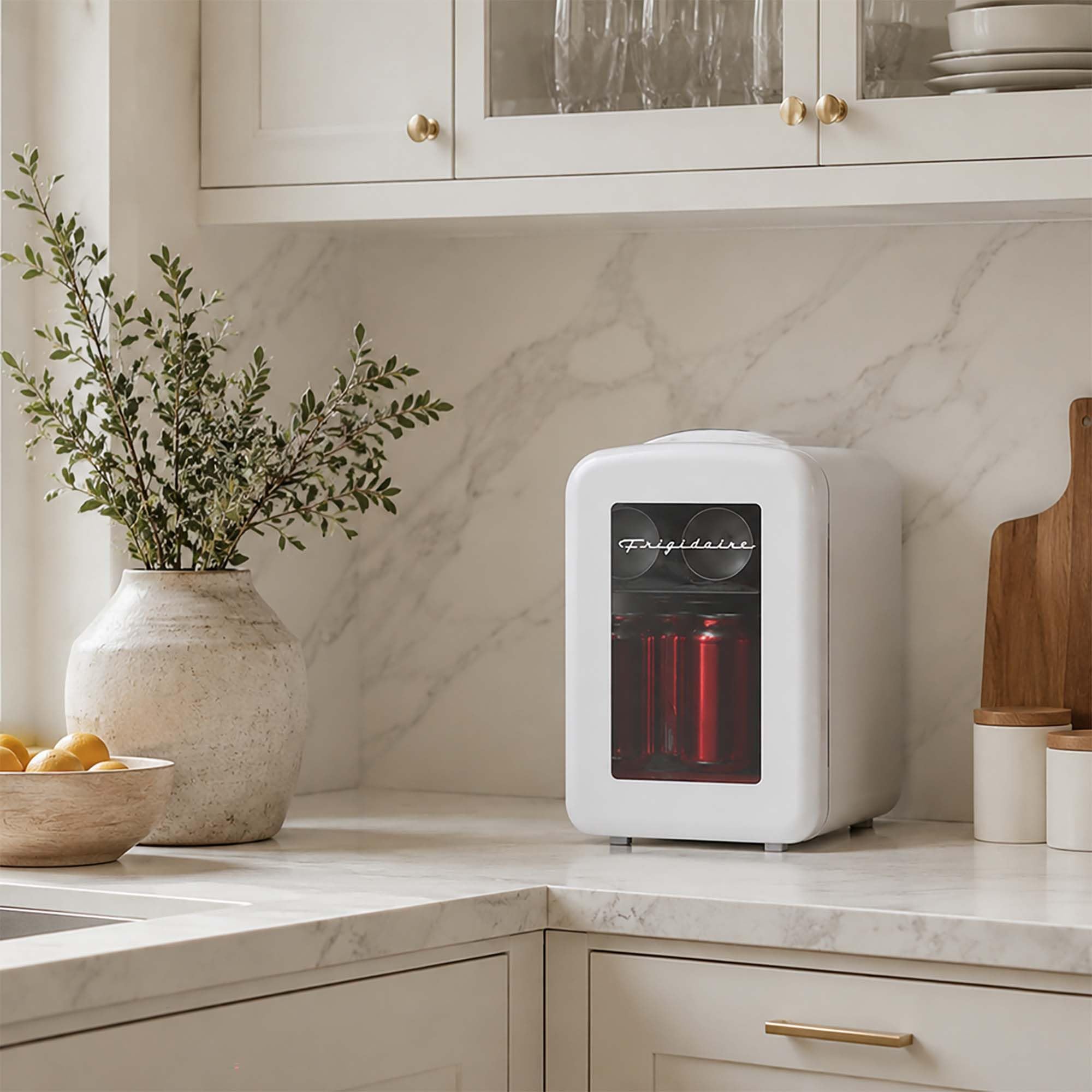Frigidaire Mini glacière personnelle blanche pour réfrigérateur, porte transparente, capacité de 3,8 l pour six canettes, comprend des prises pour prise domestique et un chargeur CC – 25 cm P x 18 cm