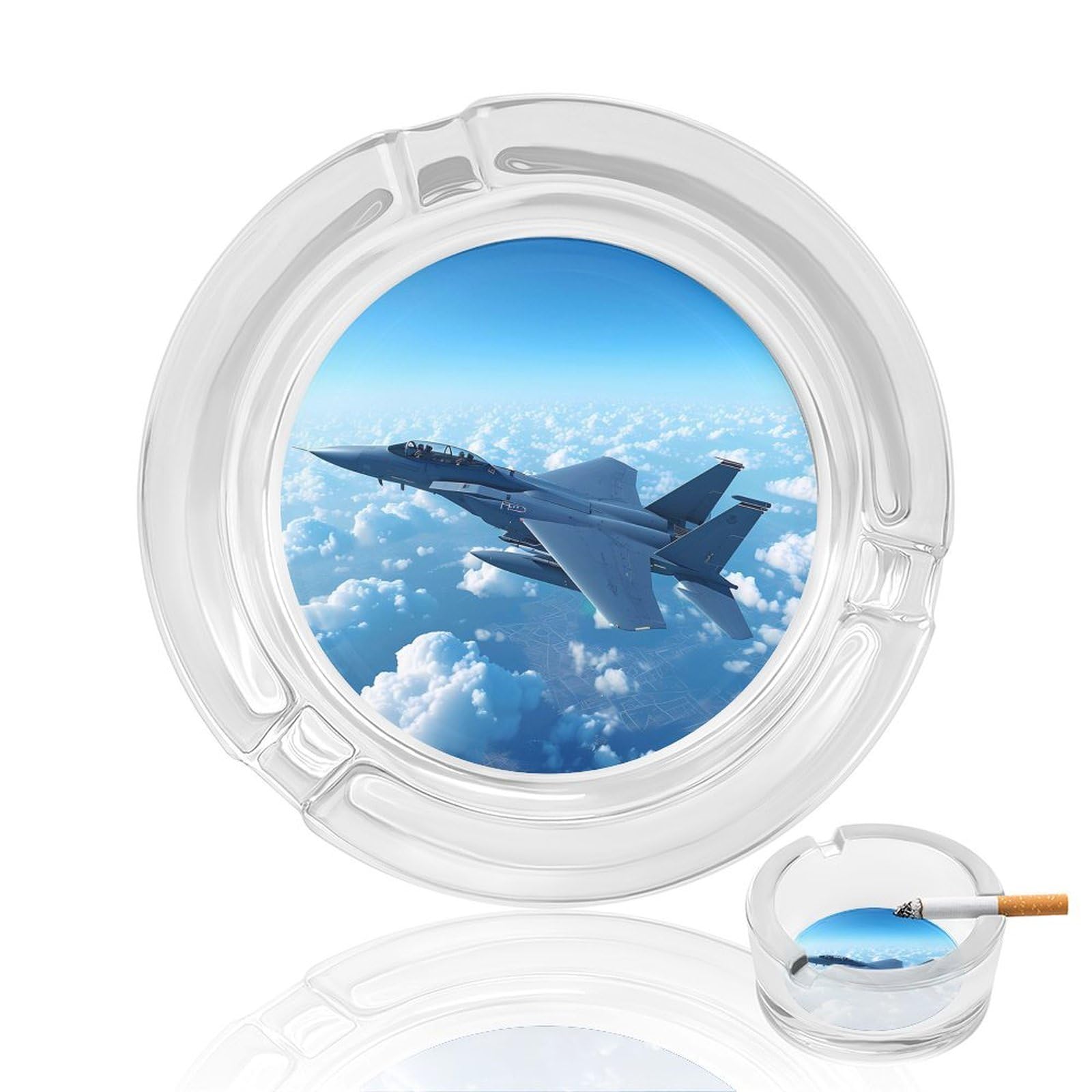 F-15 Eagle Jet Plane Ashtray Portable Round Glass Outdoor Ash Tray for Home Office Garden Pub