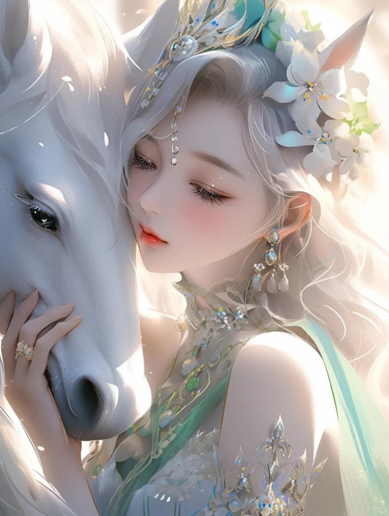 RKFLGEW DIY Stickset Für Erwachsene Fantasy Tiere Perlenstickerei Set Frau Und Pferd Nadelspitze Handarbeitsset DIY Perlenmalerei 3D Gobelin Kreuzstichset 30x40cm
